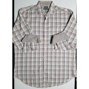 Thomas Dean TD Long Sleeve Button Up Flip Cuff White/Brown Shirt Men's Large